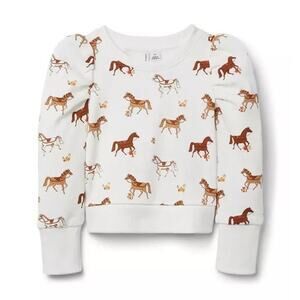 Janie And Jack Girls Horse Novelty Print Puff Sleeve Crewneck Sweatshirt 4 Ivory